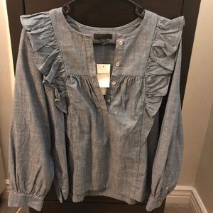 J Crew Blue Chambray Ruffle Long Sleeve Top